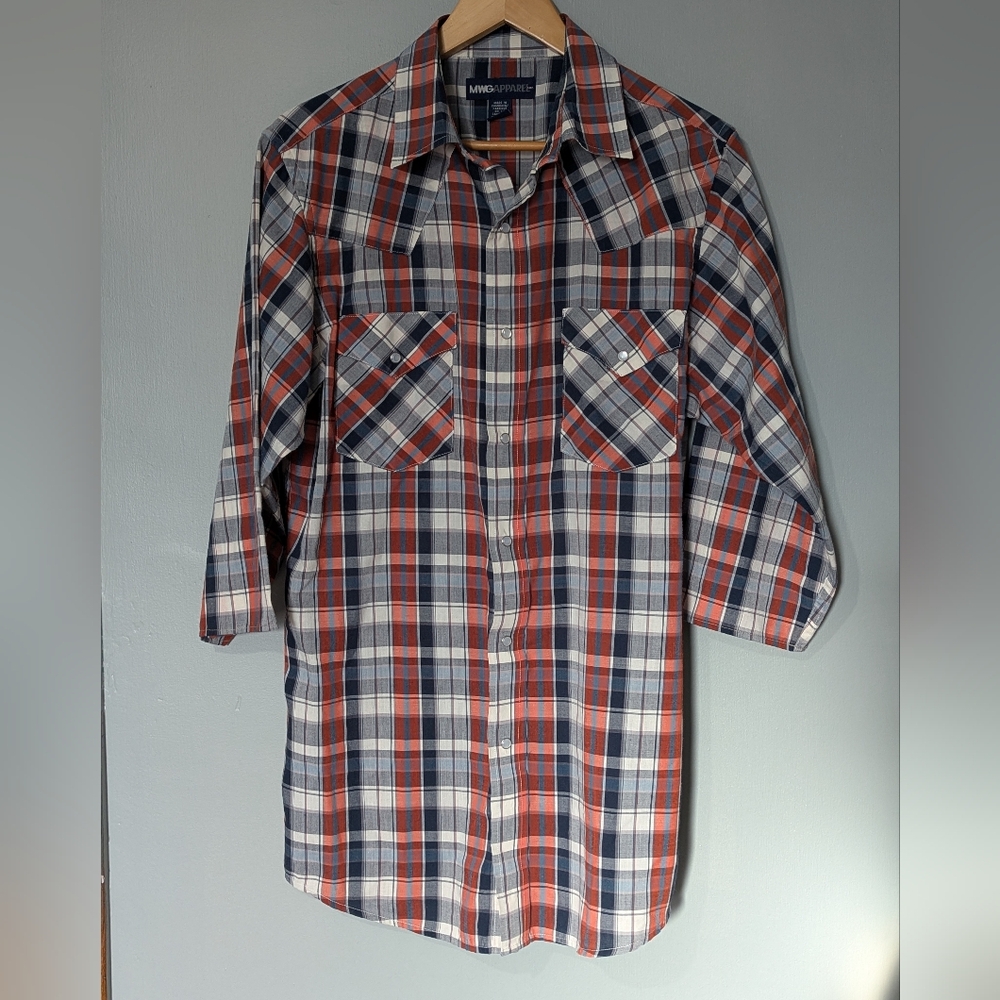 MWG Apparel Pearl Snap Button Down Plaid Shirt Men's Medium Tall‎